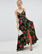 Asos Ruffle Front Wrap Maxi Cami Dress In Bold Floral - Multi
