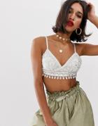 Asos Design Crop Top With Shell Sequin - White