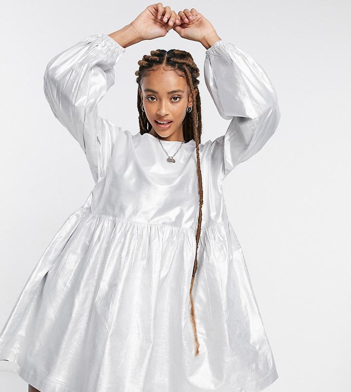 Reclaimed Vintage Inspired Taffeta Mini Smock Dress In Silver