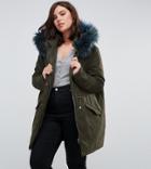 Brave Soul Plus Blue Faux Fur Hood Parka - Green