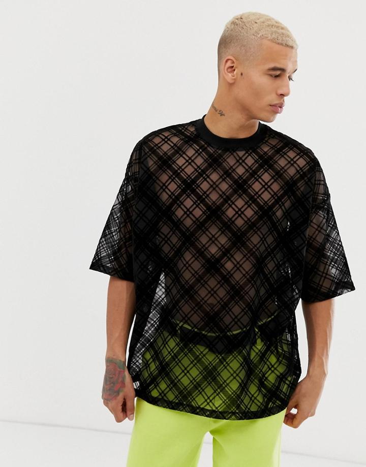 Asos Design Oversized T-shirt In Sheer Checked Fabric - Black