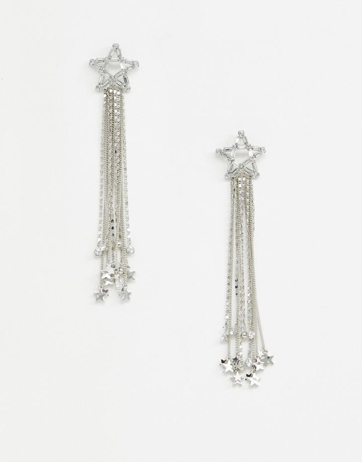 Asos Design Earrings With Crystal Star And Chain Strands In Silver - Silver