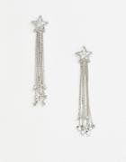 Asos Design Earrings With Crystal Star And Chain Strands In Silver - Silver