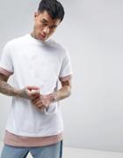 Asos Super Longline T-shirt In Heavy Jersey With Loopback Hem And Cuff In White/pink - White