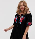 City Chic Floral Embroidered Off The Shoulder Romper In Black