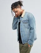 Asos Slim Fit Denim Jacket With Contrast Faux Suede Collar In Blue - Blue
