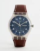 Swatch Suok709 Vent Brulant Leather Watch In Brown - Brown
