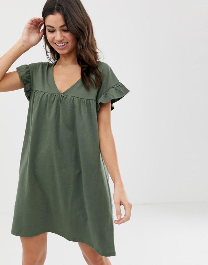 Asos Design Mini Reversible Cotton Slub Smock Dress-green