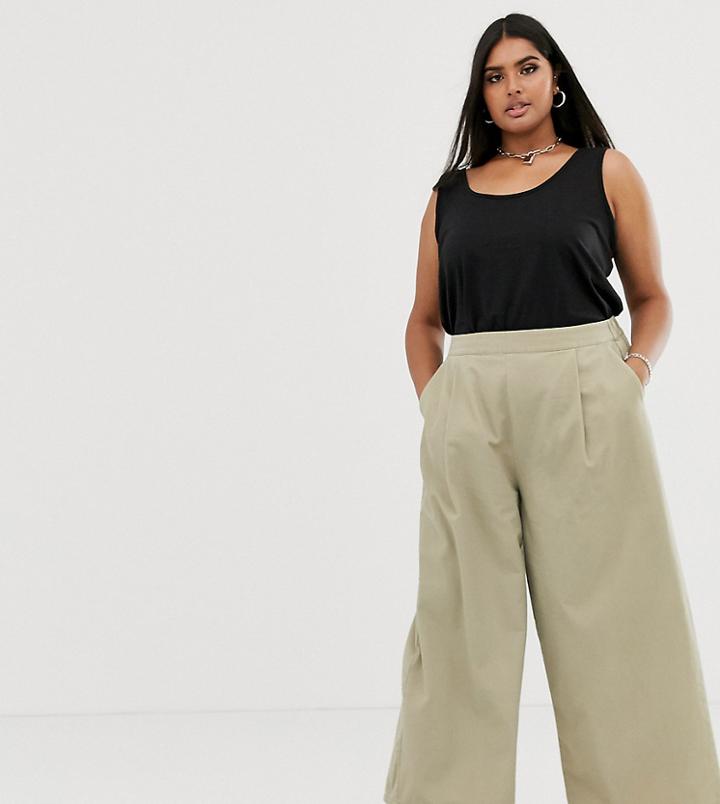 Asos Design Curve Easy Wide Leg Canvas Pants With Elasticated Back - Stone