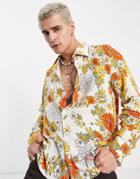 Devil's Advocate Viscose 70s Floral Wide Collar Shirt-orange