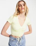 Asos Design Fitted Top With Ruched Front And Tie Detail In Lemon-yellow
