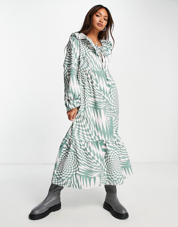 Damson Madder Organic Cotton Wavy Checkerboard Print Midi Dress In Multi-purple