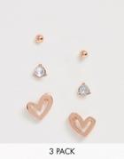 Asos Design Pack Of 3 Earrings With Cut Out Heart And Studs In Rose Gold Tone-copper