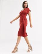 Asos Design Twist And Drape Front Midi Dress-red