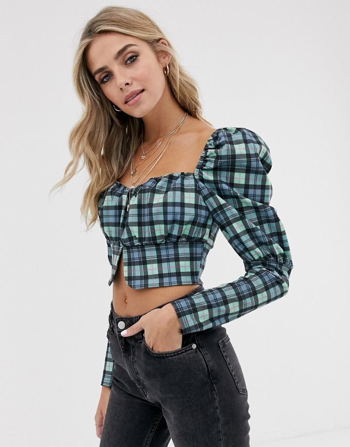 Asos Design Square Neck Top With Peplum Hem In Check-multi