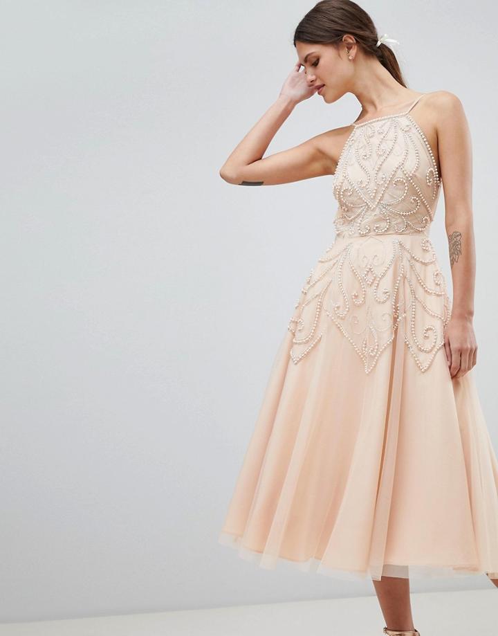 Asos Design Beaded Backless Midi Dress - Beige