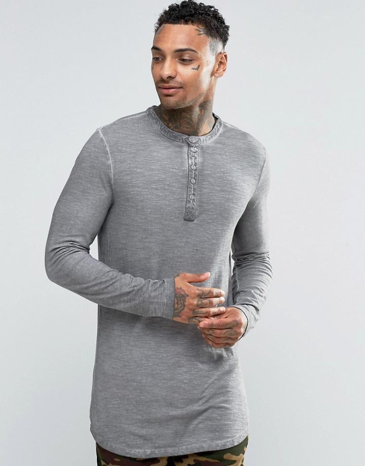 Asos Slub Longline Long Sleeve T-shirt With Grandad Neck And Pigment Wash - Gray