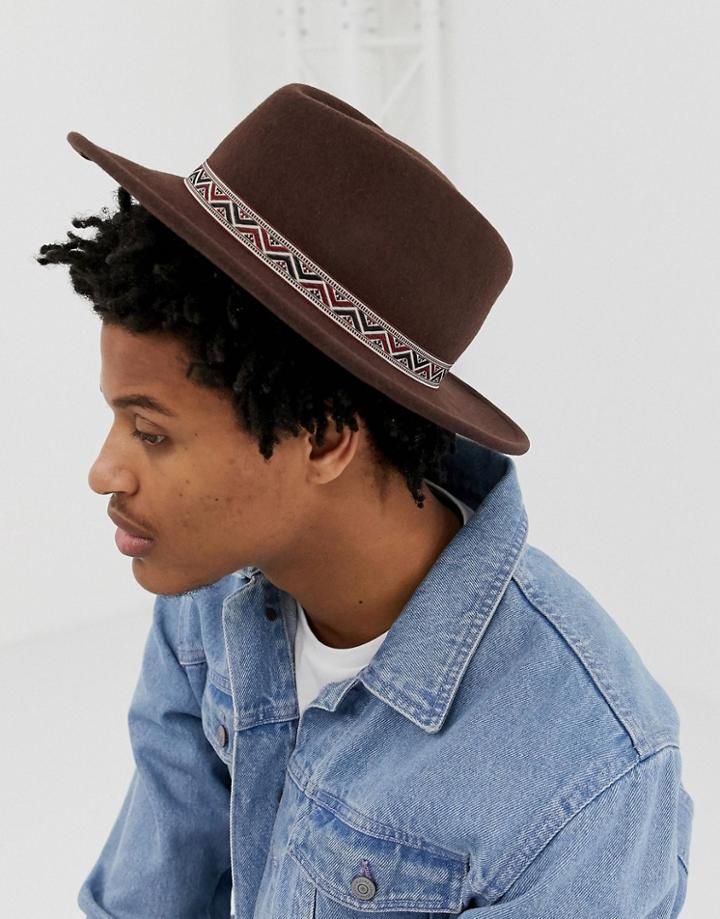 Asos Design Wide Brim Pork Pie Hat In Brown With Geo-tribal Band - Brown