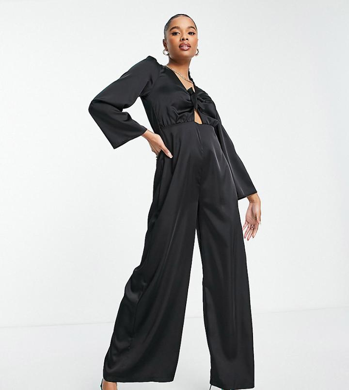 Flounce London Petite Tie Front Jumpsuit In Black Satin