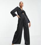 Flounce London Petite Tie Front Jumpsuit In Black Satin