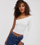 Asos Design Tall One Shoulder Long Sleeve Crop T-shirt With Lettuce Hem In White - White