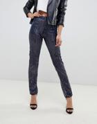 Asos Design Florence Authentic Straight Leg In Sheer Sequin In Navy Blue