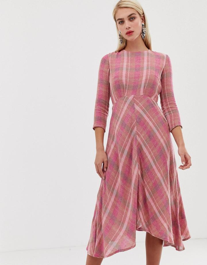 Mango Check Midi Dress In Pink - Pink