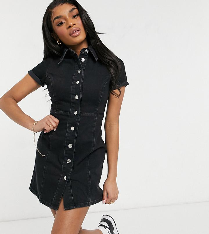 Asos Design Petite Denim Fitted Shirt Dress In Washed Black