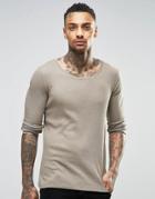 Asos Rib Extreme Muscle Long Sleeve T-shirt In Beige - Brown