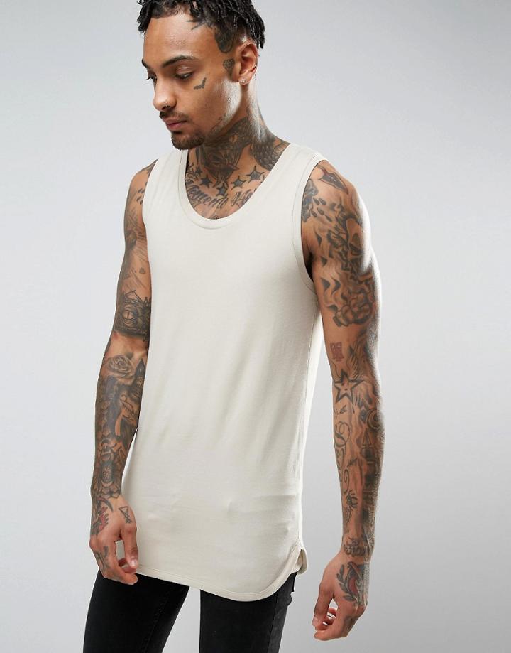 Asos Longline Muscle Tank With Bound Hem In Beige - Green