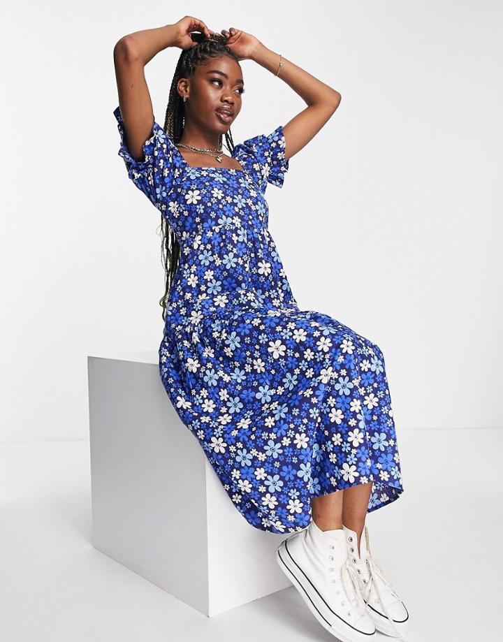 Influence Puff Sleeve Midi Dress In Blue Floral