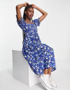 Influence Puff Sleeve Midi Dress In Blue Floral