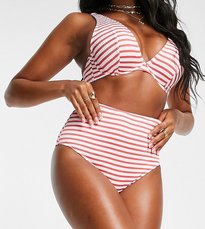 Peek & Beau Fuller Bust Exclusive Mix And Match High Waist Bikini Bottom In Red Textured Stripe