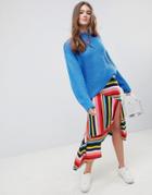 Asos Design Asymmetric Hem Midi Skirt In Rainbow Stripe Print - Multi
