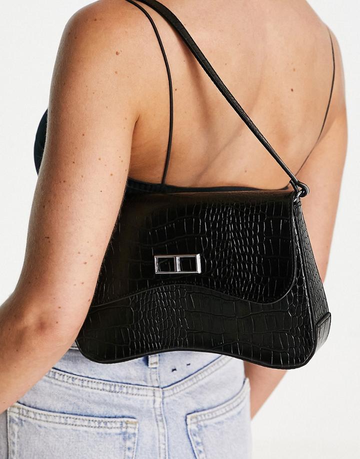 Asos Design Curved Base Shoulder Bag With Feature Hardware In Black Croc