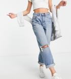 Asos Design Petite High Waist 'slouchy' Mom Jeans In Stonewash With Rips-blues