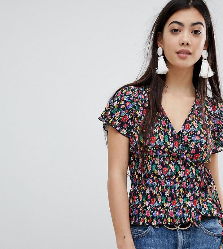 Missguided Petite Plisse Floral Wrap Over Top - Black