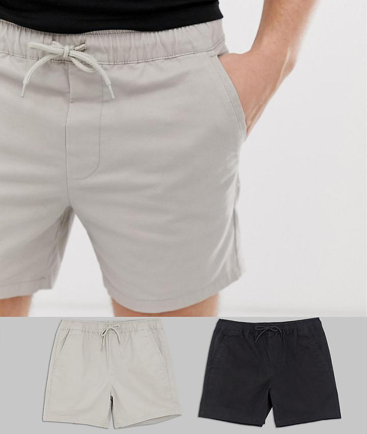 Asos Design 2 Pack Skinny Shorter Chino Shorts With Elastic Waist In Beige & Black Save - Multi