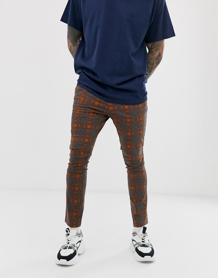 Asos Design Super Skinny Pants In Brown Check - Brown