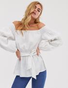 Asos Design Long Sleeve Off The Shoulder Top In Textured Fabric With Belt Detail - White