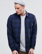Asos Check Zip Up Shirt In Navy With Long Sleeves In Regular Fit - Navy