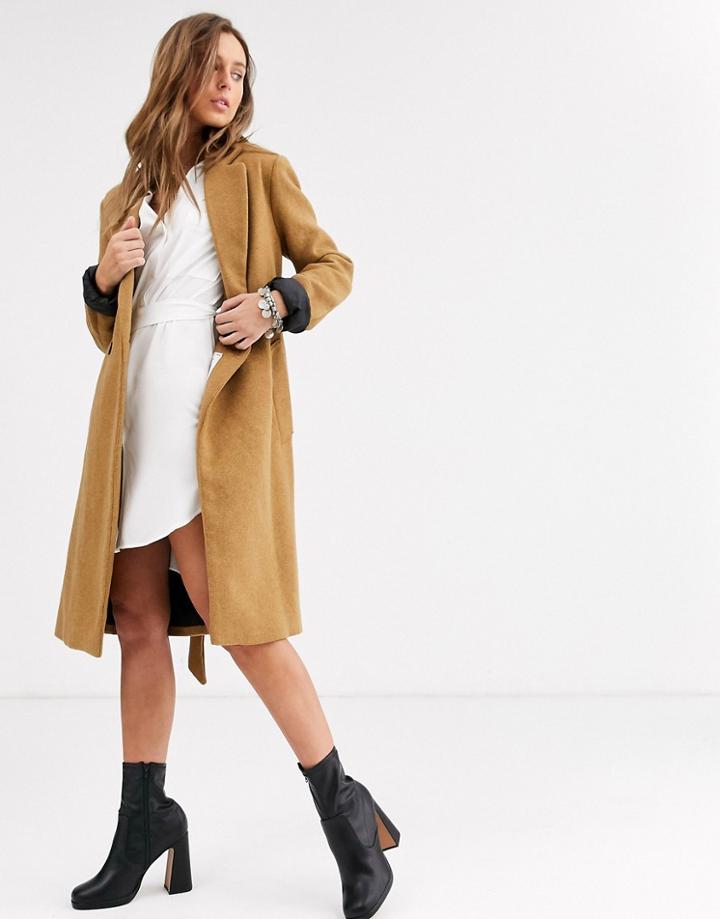 Bershka Tie Waist Tailored Coat In Camel