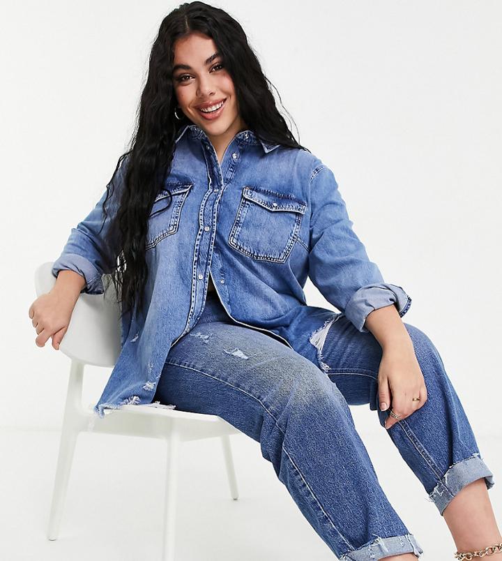 River Island Plus Destroyed Oversized Denim Shirt In Blue-blues