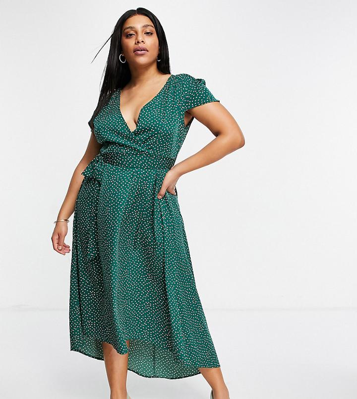 Ax Paris Plus V-neck Wrap Dress In Mini Polka Dot-multi