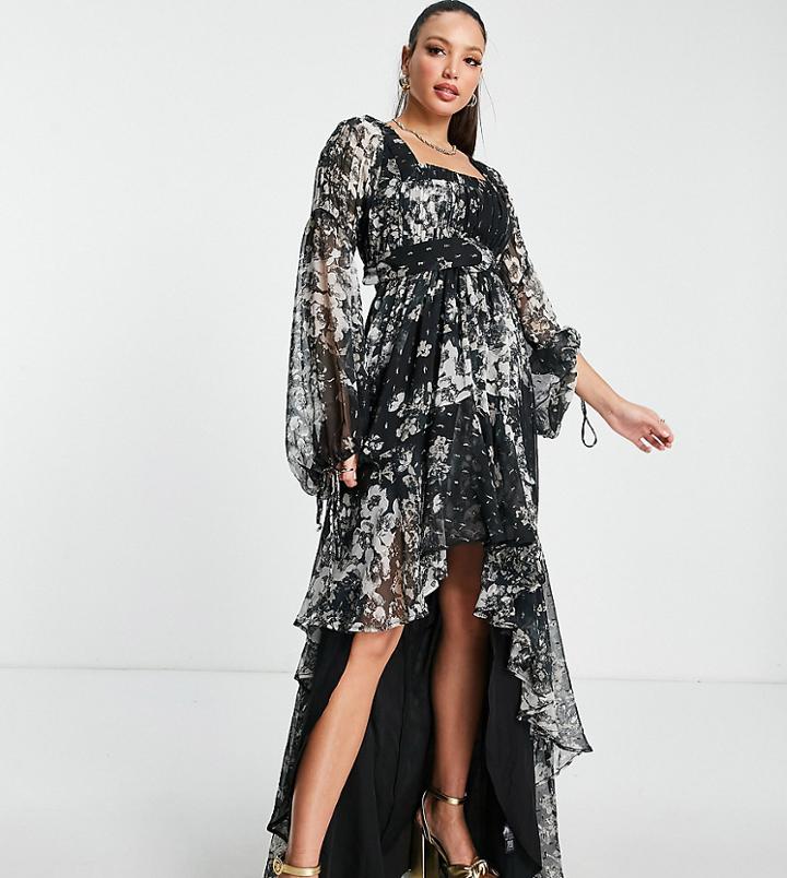Asos Design Tall High Low Maxi Dress In Textured Chiffon Floral Print With Belt And Pintuck Detail-multi