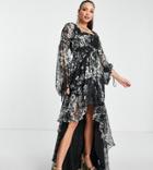 Asos Design Tall High Low Maxi Dress In Textured Chiffon Floral Print With Belt And Pintuck Detail-multi