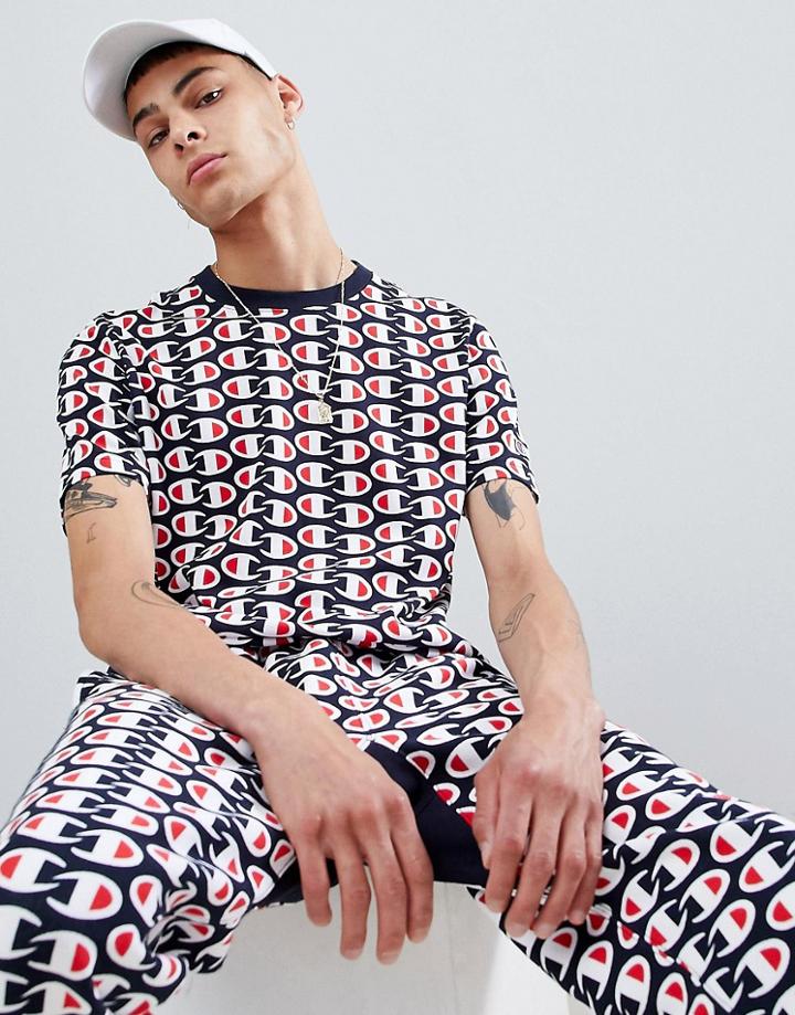 Champion T-shirt With All Over Print In Navy - Navy