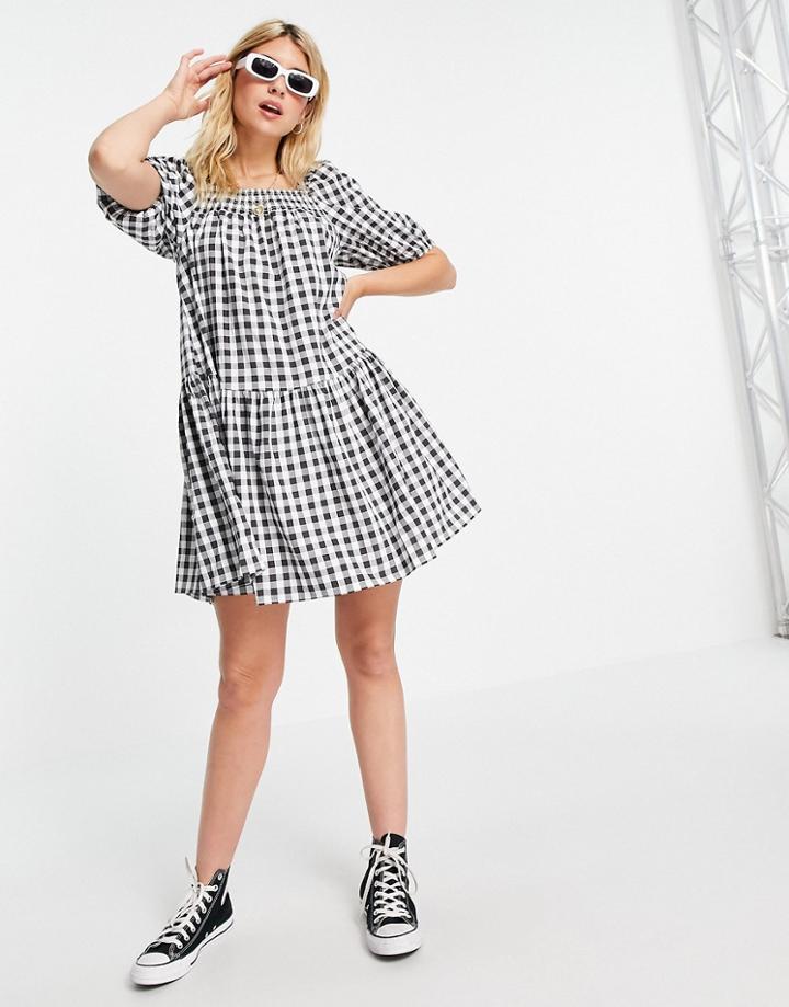Qed London Square Neck Mini Smock Dress In Black Gingham