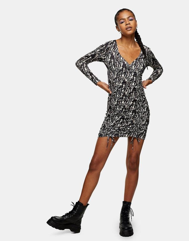 Topshop Animal Print Ruched Mini Dress In Multi