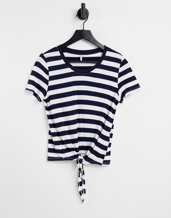 Only Arli Short Sleeve Knot Front Jersey Top In Navy And White Stripe-multi